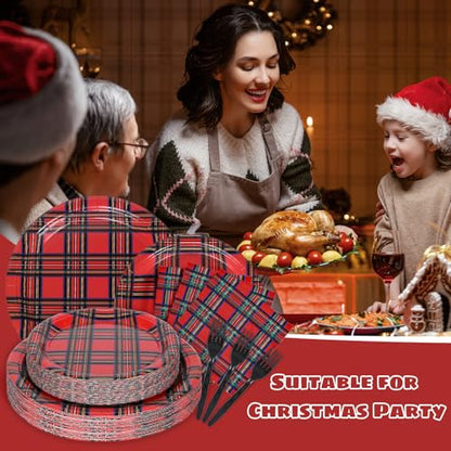 Whaline Christmas Plaid Disposable Tableware Set for 24 Guests - Red Gingham Party Supplies