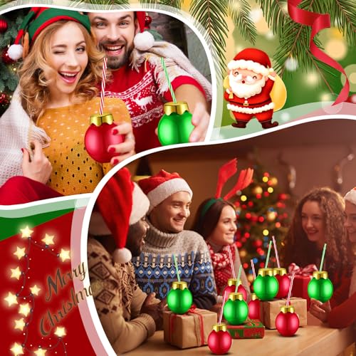 24 Pack Christmas Plastic Ball Cups with Lids & Straws - 12 oz Holiday Party Set