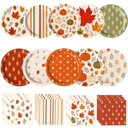 Fall Party Plates and Napkins Set - Pumpkin Leaf Designs for Autumn Harvest Thanksgiving