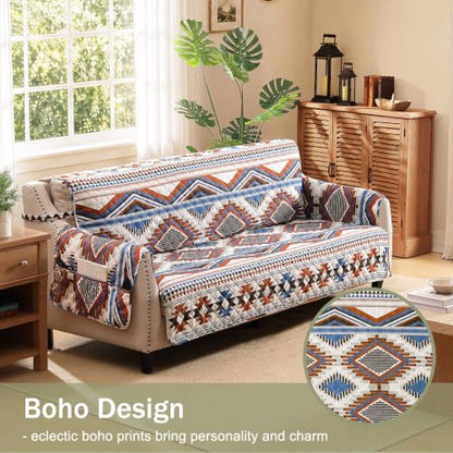 Large Boho Quilted Couch Cover with Aztec Pattern, Water-Repellent & Anti-Slip, 68-Inch Sofa Protector - Bohemia Style