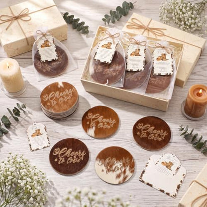 Natural Leather Cowhide Coasters Wedding Favors Set with Organza Bags & Thank You Cards