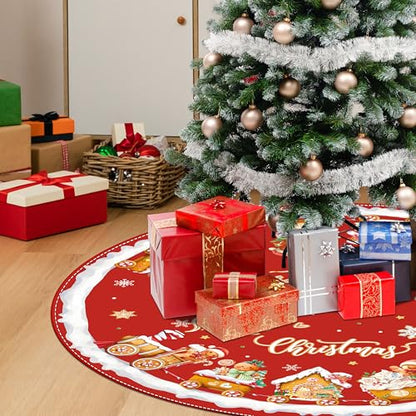 Gingerbread Man Christmas Tree Skirt 48 Inch Red & Brown Holiday Decor
