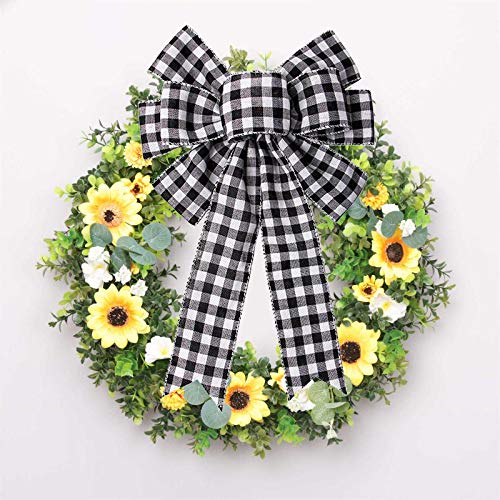 Christmas Wreath Bow Decoration with Black and White Buffalo Plaid Ribbon, 10x15.7 in