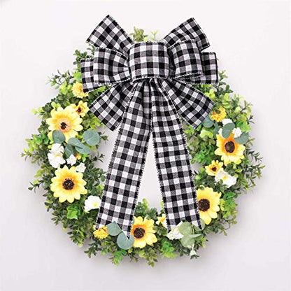 Christmas Wreath Bow Decoration with Black and White Buffalo Plaid Ribbon, 10x15.7 in