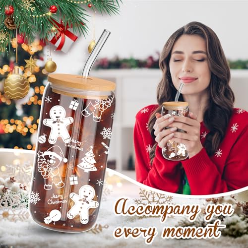 Christmas Glass Cups Set 16 oz with Lids, Straws & Brush - White Style