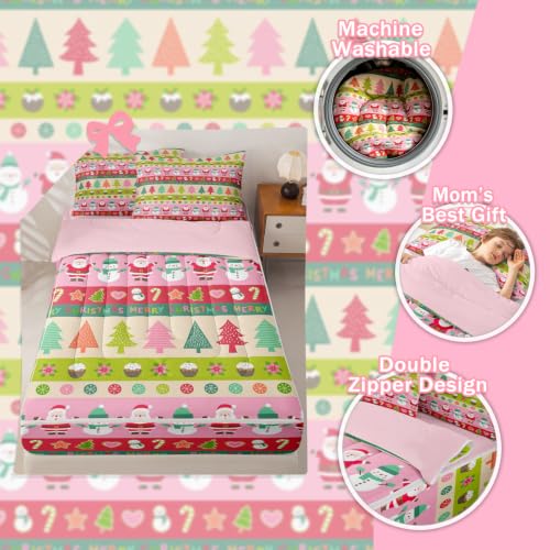 Kids Christmas Snowman Comforter Set Twin Size - Feelyou Santa Claus & Holiday Design - Green, Red, Pink Variations