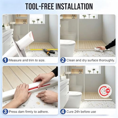 67 Inch Silicone Shower Water Dam - Collapsible Threshold Barrier, White