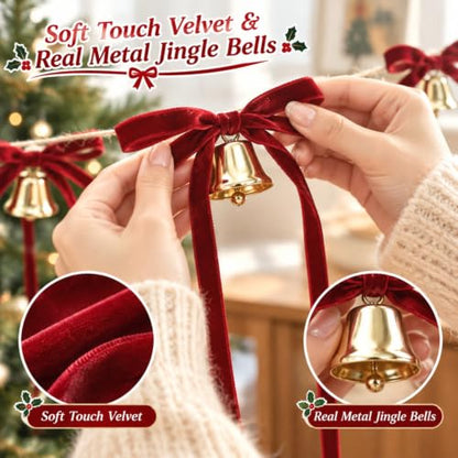 10 ft Christmas Velvet Bow Garland with Jingle Bells and Red Ribbon