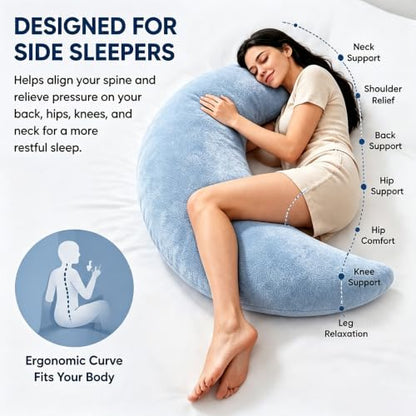 Moon Shaped Sleep Body Pillow Blue Oversized C-Shaped Support for Side Sleepers
