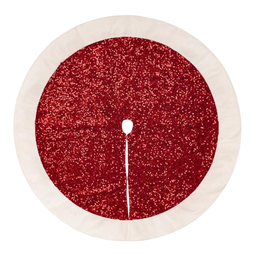Christmas Tree Skirt 48 Inch Red Sequin with White Faux Fur - Holiday Decor