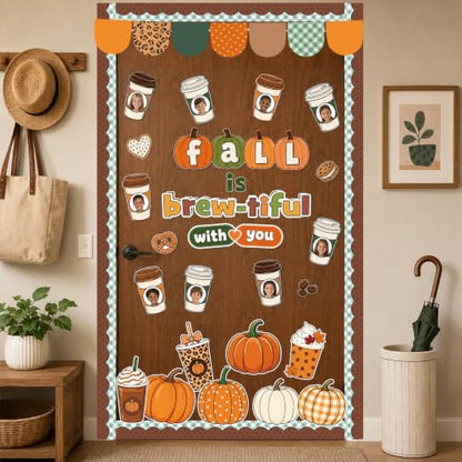 Fall Bulletin Board Decor Set with Coffee Cup & Autumn Cutouts for Classroom