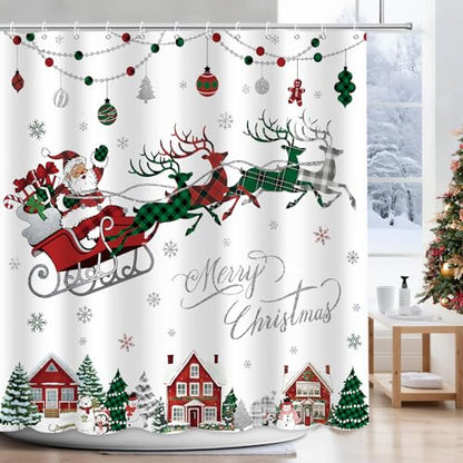 APROPHIC White Christmas Shower Curtain - Red & Green Buffalo Plaid Claus Santa Snowflake Winter Decor 72x72 in