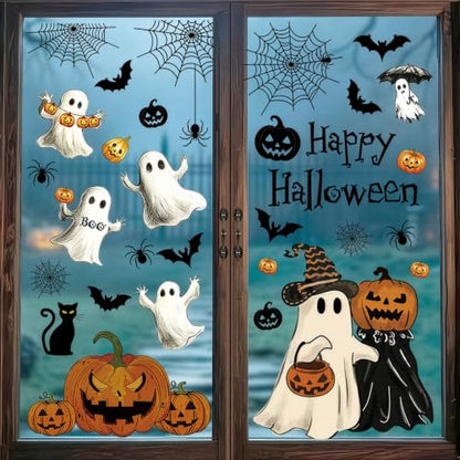 Halloween Window Clings - Classic Ghost & Pumpkin Design, Double-Sided, 45PCS, Removable Decorations for Home & Parties