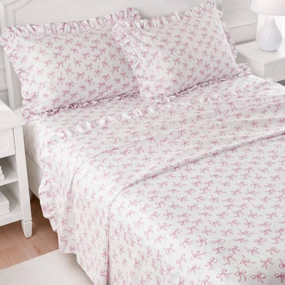 Full Sheet Set with Pink Bow Ruffle - 4 Piece Bedding Comforter Set