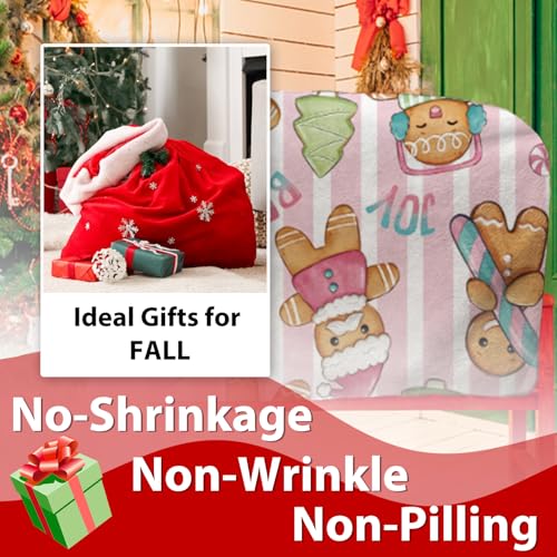 Christmas Gingerbread Man Flannel Blanket - Pink Xmas Tree Stripes, 50 x 60