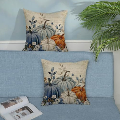 Watercolor Fall Pumpkin Pillow Covers 18x18 Set of 2 Orange Blue White Linen