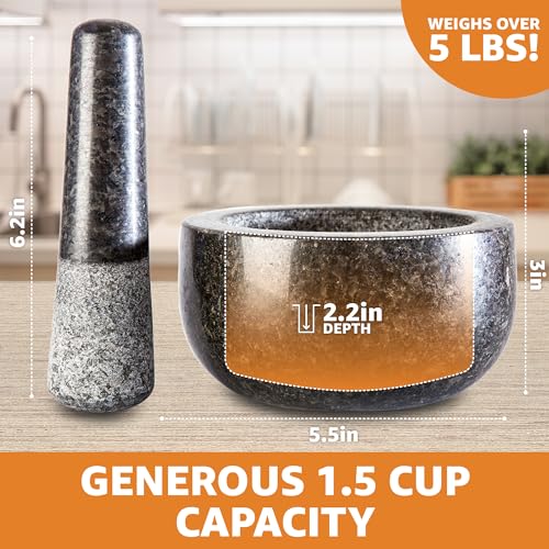 Heavy Duty Large Mortar and Pestle Set, 100% Granite, Non Slip Base, Make Fresh Guacamole, Salsa, Pesto, Stone Grinder Bowl, Herb Crusher, Spice Grinder, 1.5 Cup, 5.5 Inch Size, Black