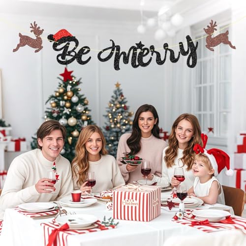 Festive Merry Christmas Banner with Glitter Elk and Tree Sign for Holiday Decor