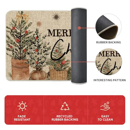 Christmas Holly Ornament Kitchen Mats Set of 2 Beige 17x29 & 17x59 Inches