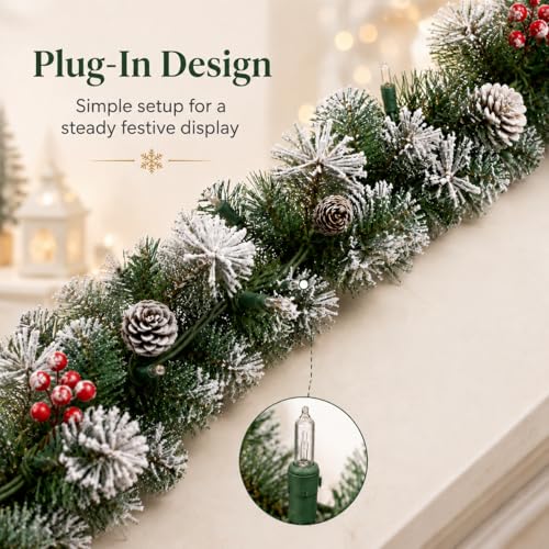 9FT Artificial Christmas Garland with Warm White Lights, Pine Cones & Red Berries