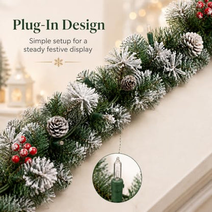 9FT Artificial Christmas Garland with Warm White Lights, Pine Cones & Red Berries