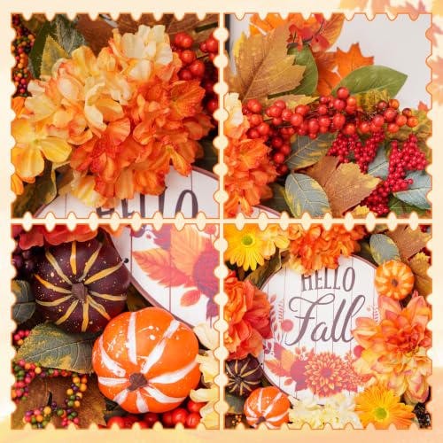 Fall Wreath for Front Door 24-Inch Autumn Harvest Wreath with Dahlias - Orange Variation