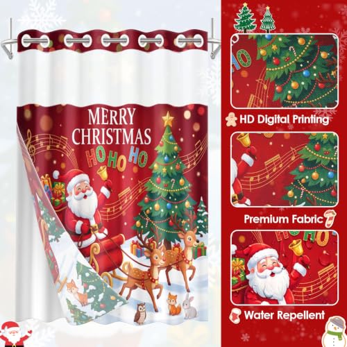 No Hook Christmas Santa Shower Curtain with Snap-in Liner 71x74 Inches - Holiday Bathroom Decor