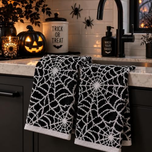 Halloween Spider Web Hand Towels Set of 2 - Black and White Decorative Towels