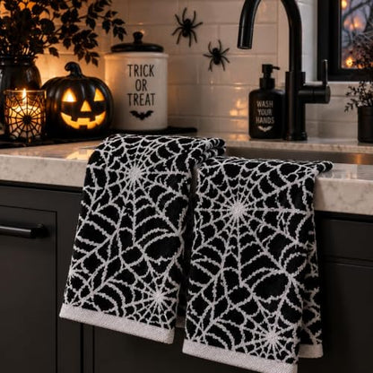 Halloween Spider Web Hand Towels Set of 2 - Black and White Decorative Towels