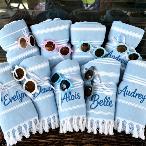 Personalized Turkish Beach Towel Light Blue 40x71 Inch Custom Embroidered Name Summer Vacation Travel Pool Sand-Free Cotton