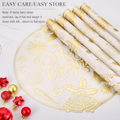 Christmas Placemats Set of 6 - Gold Merry Christmas Round Vinyl Easy Clean 15 Inch