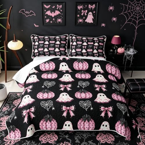Happy Halloween Quilt Set with Ghost & Pumpkin Pattern – Black Pink Queen Size, 3 Pieces