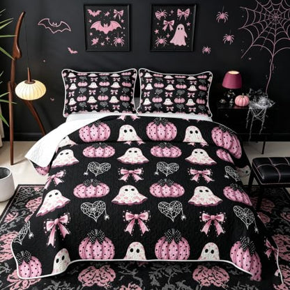 Happy Halloween Quilt Set with Ghost & Pumpkin Pattern – Black Pink Queen Size, 3 Pieces