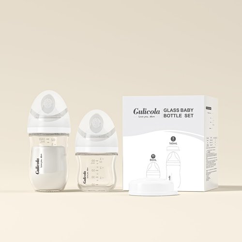 Gulicola Natural Glass Baby Bottle Newborn Set, 3 oz and 5 oz with Extra Slow Flow & Slow Flow Nipple, Anti Colic, 0-3 Months, 2 Pack - White
