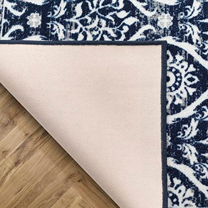Antep Rugs Alfombras Non-Skid (Non-Slip) 5x7 Rubber Backing Floral Geometric Low Profile Pile Indoor Area Rugs (Navy Blue, 5' x 7')