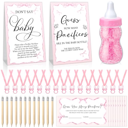 Pink Baby Shower Games Pack with Pacifier Necklace Guessing Set - Pink Bow Variation