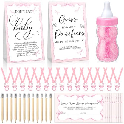 Pink Baby Shower Games Pack with Pacifier Necklace Guessing Set - Pink Bow Variation