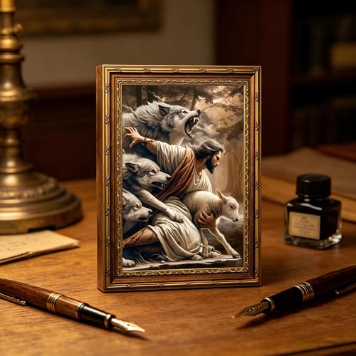 Framed Jesus Protecting Lamb Wall Art Religious Decor 24x16 Inches - Gold Frame