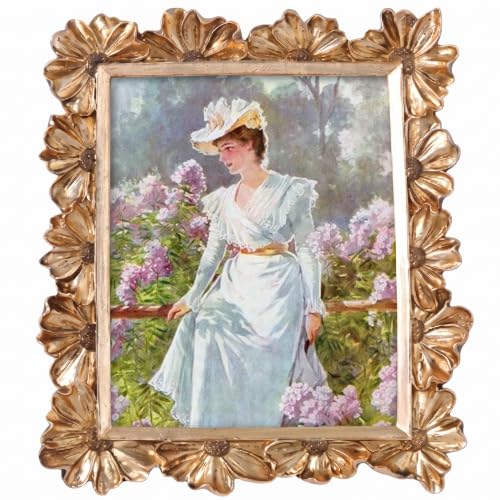 Gold 5x7 Floral Vintage Picture Frame with Enamel Finish - Tabletop & Wall Mount