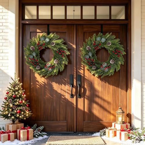 Christmas Wreath 24 Inch with Cedar Pine Foliage, Red Berries & 8-Function LED Lights - Red Green / 1 Pcs