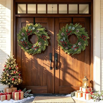 Christmas Wreath 24 Inch with Cedar Pine Foliage, Red Berries & 8-Function LED Lights - Red Green / 1 Pcs