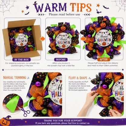 Purple Halloween Wreath for Front Door with Happy Halloween Sign - 18 Inch Outdoor Decor