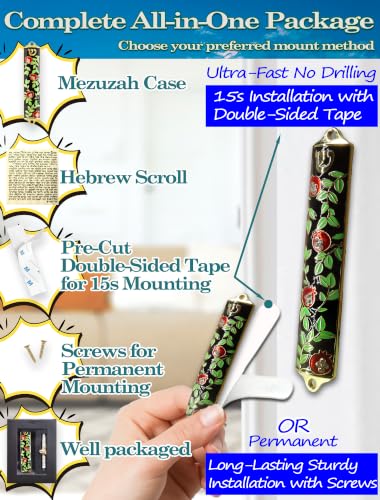 Enamel Mezuzah with Scroll for Door - Black with Pomegranates, 4 Inches