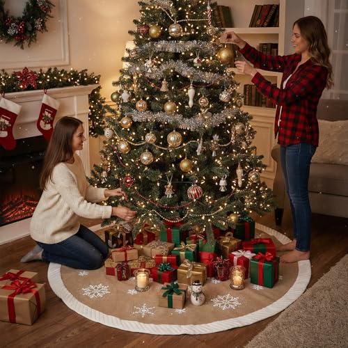 60 Inch Christmas Tree Skirt Burlap with Fur Border Snowflake - Large Holiday Decor