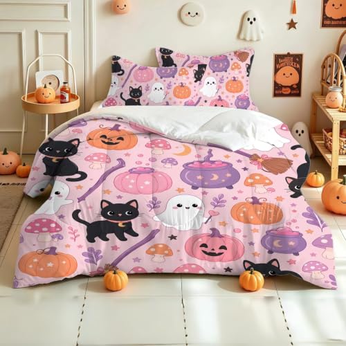 Pink Halloween Bedding Set 3-Piece Comforter & Pillowcases for Girls - Ghost & Cat Design, Full Variation