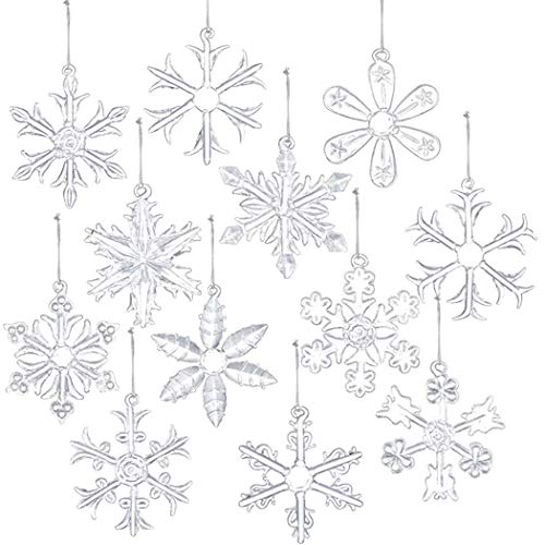 Clear Glass Snowflake Ornaments Set of 12 - Winter Christmas Hanging Decorations