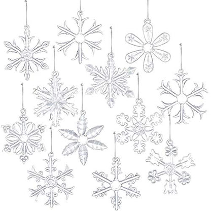 Clear Glass Snowflake Ornaments Set of 12 - Winter Christmas Hanging Decorations