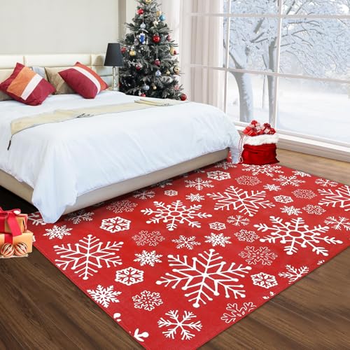GlowSol Christmas Snowflakes Rug 5x7 ft Washable Non-Slip Holiday Rug for Living Room and Kitchen - Red