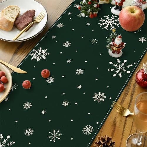 Snowflakes and Christmas Tree Table Runner - Green, 13x90 Inch Holiday Decor