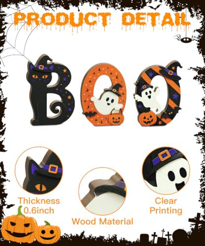 Putuo Decor Halloween BOO Letters Tabletop Decoration - Self-Standing Spooky Sign with Witch-Hat Cat, Ghost & Pumpkin - Orange, Black, Purple & White - Variation: BOO Letter